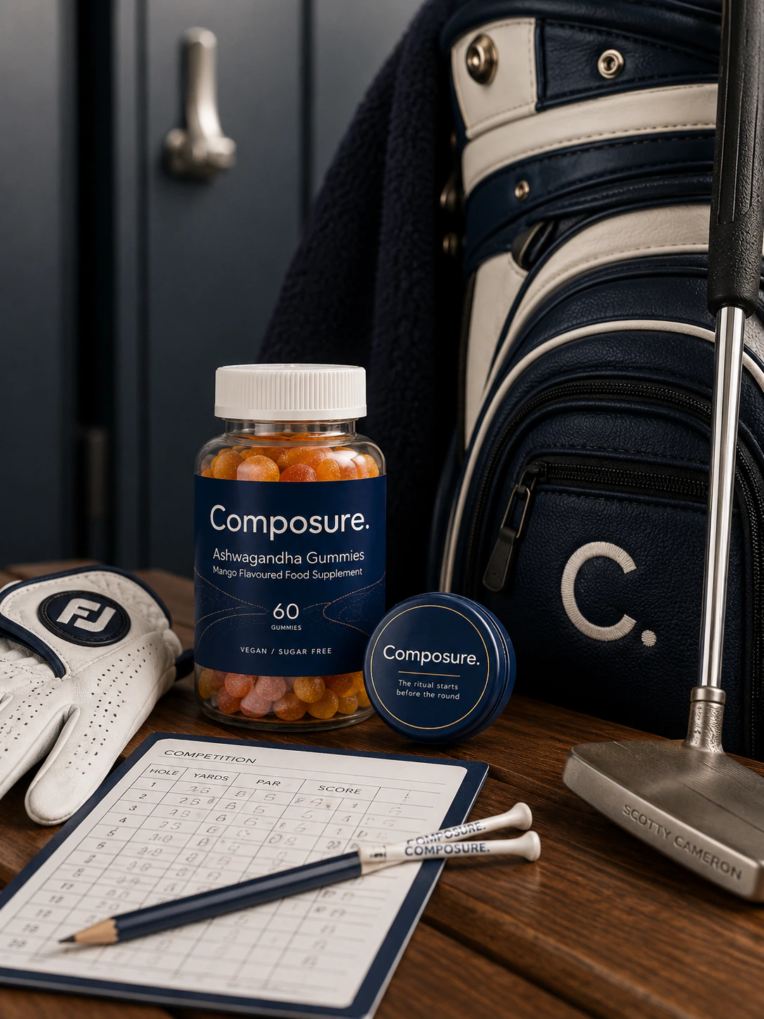 Composure jar and carry tin on a locker-room bench beside a glove, scorecard and putter